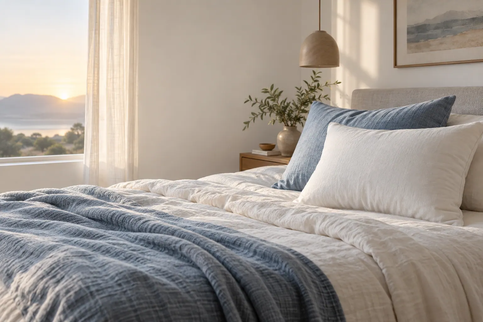 A calm bedroom with layered white and blue pillows